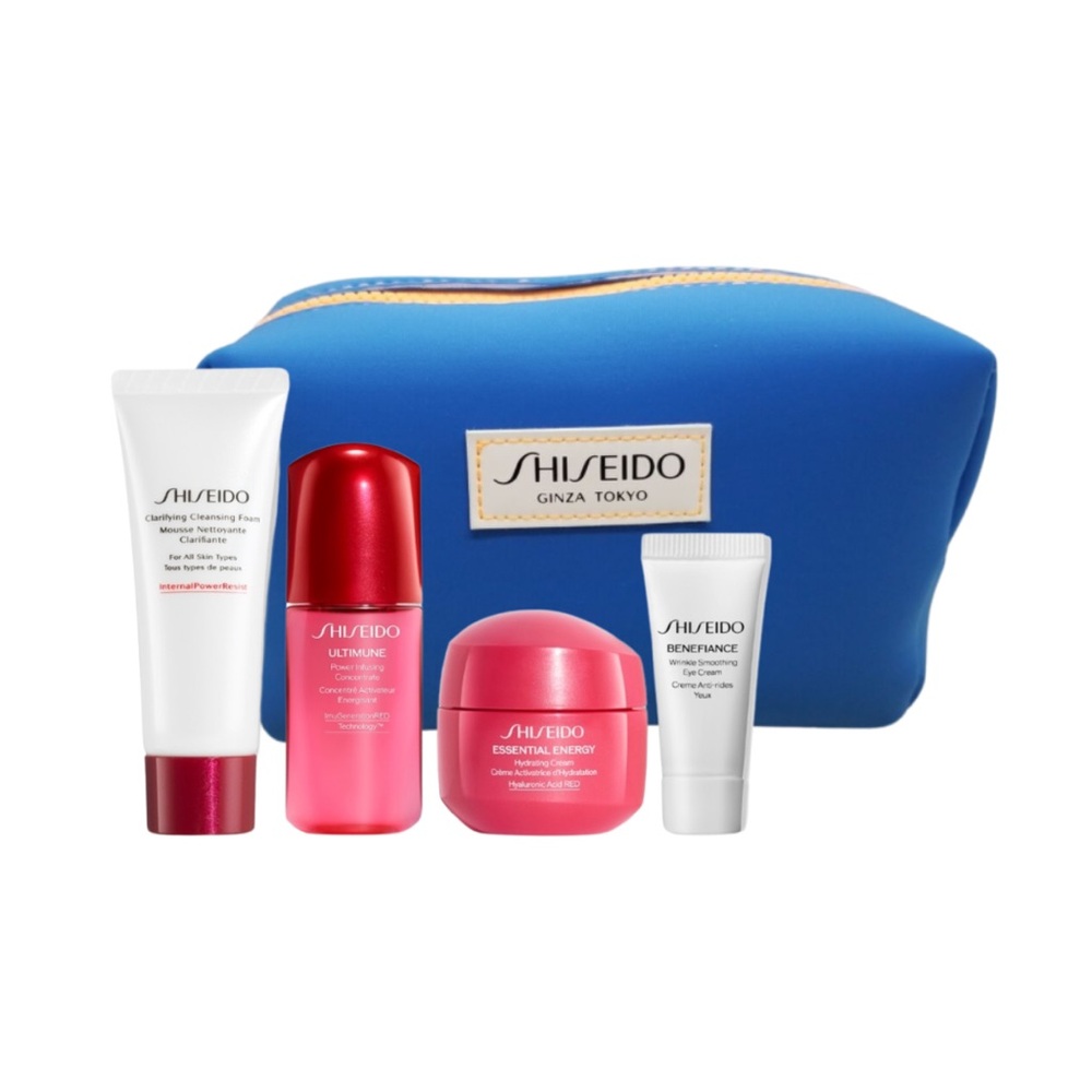 4 Piece Shiseido Skincare Travel Set with Blue Vinyl Pouch - NIB